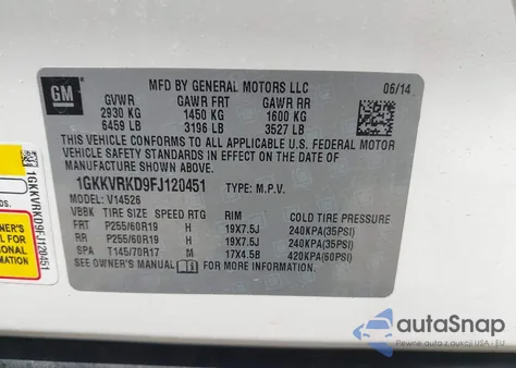 2015 GMC Acadia Slt-1 из США, поврежденный, VIN 1GKKVRKD9FJ120451